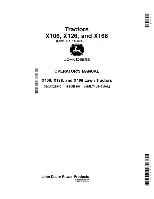 John Deere X106 X126 and X166 TraCtors OMUC23940 Operation and Maintenance manual PDF Download