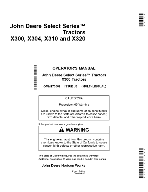John Deere X300 X304 X310 X320 Select Series Tractors Export Edition 280001 310000 OMM170562 Operation and Maintenance manual PDF Download