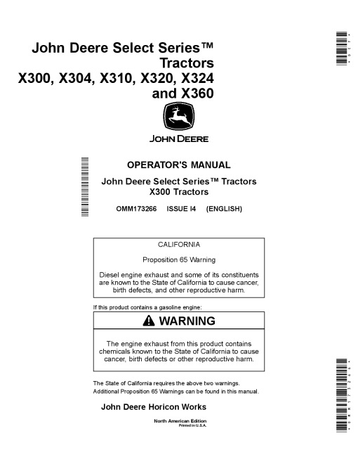 John Deere X300 X304 X320 X324 X340 X360 Select Series Tractors OMM173266 Operation and Maintenance manual PDF Download