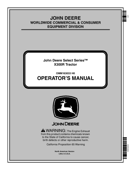 John Deere X300R Select Series Tractor OMM163033 Operation and Maintenance manual PDF Download