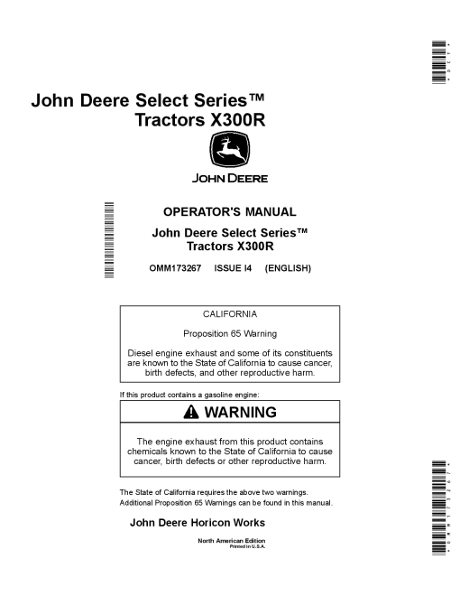 John Deere X300R Select Series Tractors OMM173267 Operation and Maintenance manual PDF Download