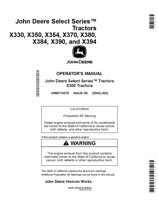 John Deere X330 X350 X354 X370 X380 X384 X390 X394Select Series TractorsNorth American Edition 010001 OMM174375 Operation and Maintenance manual PDF Download