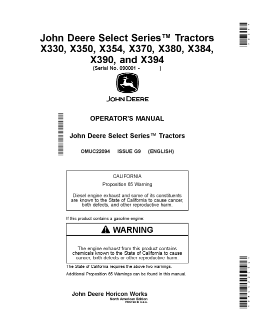 John Deere X330 X350 X354 X370 X380 X384 X390 and X394 Select Series Tractors OMUC22094 Operation and Maintenance manual PDF Download