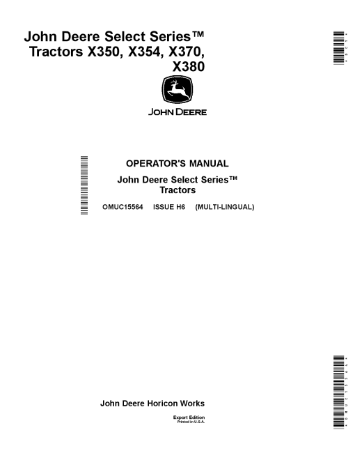 John Deere X350 X354 X370 X380 Select Series Tractors OMUC15564 Operation and Maintenance manual PDF Download