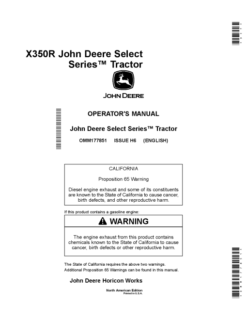 John Deere X350R Select Series Tractor North American Edition OMM177851 Operation and Maintenance manual PDF Download