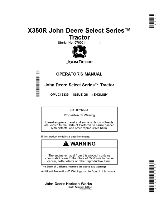 John Deere X350R Select Series Tractors OMUC19335 Operation and Maintenance manual PDF Download