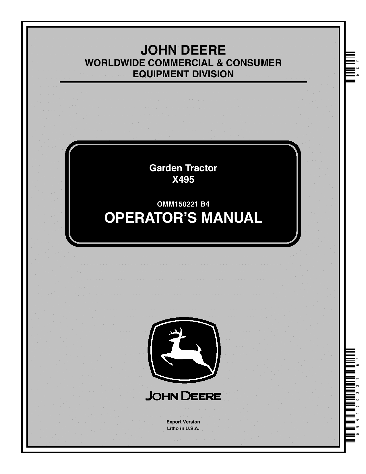 John Deere X495 Lawn Garden Tractors Export Edition 030001 039999 OMM150221 Operation and Maintenance manual PDF Download