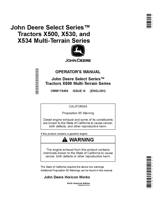 John Deere X500 X520. X534. X540 Multi Terrain Select Series Tractors North American Edition 090001 100000 OMM174454 Operation and Maintenance manual PDF Download