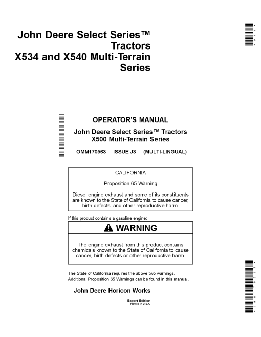 John Deere X534 X540 Multi Terrain Select Series Tractors Export Edition 090001 100000 OMM170563 Operation and Maintenance manual PDF Download