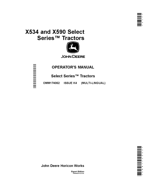 John Deere X534 X590 MuIti Terrain Select Series Tractors Export Edition 100001 110000 Order Manual as OMM174062 Operation and Maintenance manual PDF Download