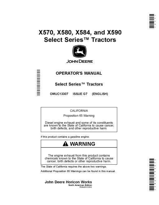 John Deere X570 X580 X584 X590 Select Series Tractors OMUC13307 Operation and Maintenance manual PDF Download