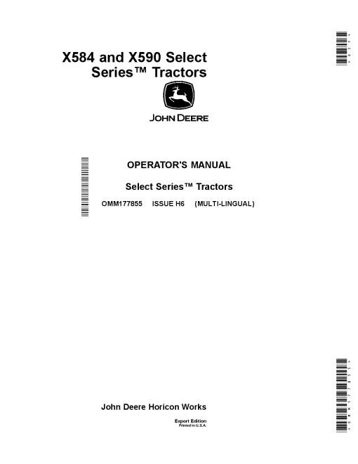 John Deere X584 X590 Select Serie Tractors Export Edition OMM177855 Operation and Maintenance manual PDF Download
