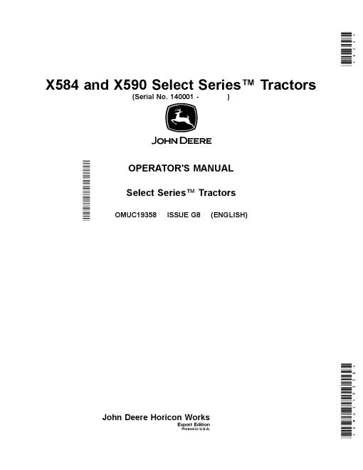 John Deere X584 X590 Select Series Tractors OMUC19358 Operation and Maintenance manual PDF Download