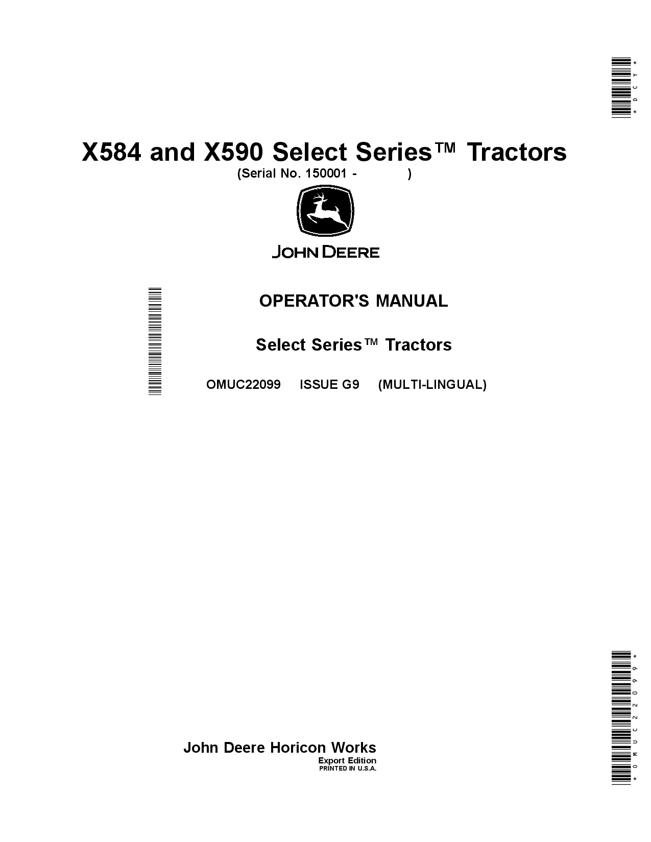 John Deere X584 and X590 Select Series Tractors OMUC22099 Operation and Maintenance manual PDF Download