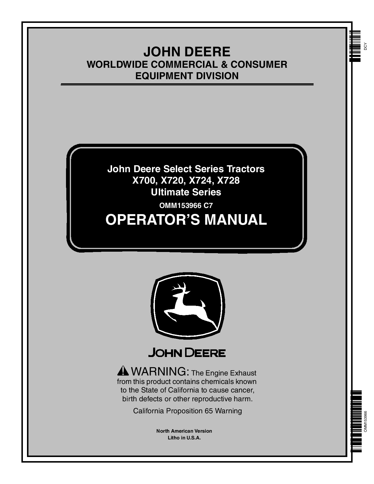 John Deere X700 X720 X724 X728 Ultimate Select Series Tractors 010001 OMM153966 Operation and Maintenance manual PDF Download