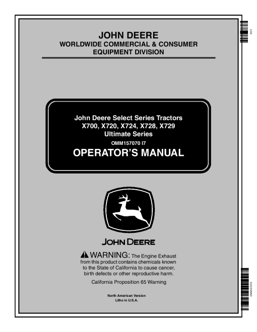 John Deere X700 X720 X724 X728 X729 Ultimate Select Series Tractor 030001 OMM157070 Operation and Maintenance manual PDF Download