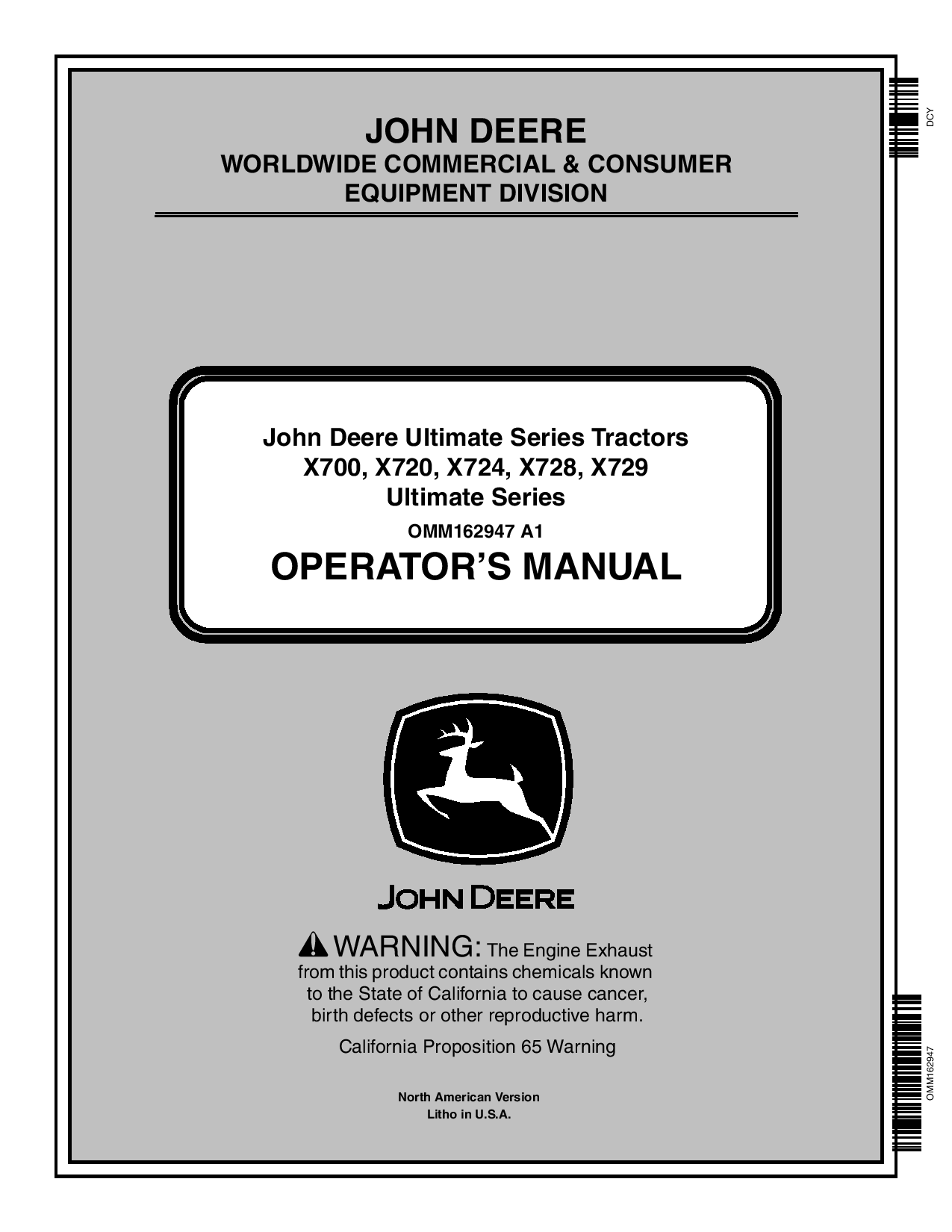 John Deere X700 X720 X724 X728 X729 Ultimate Select Series Tractor 060001 OMM162947 Operation and Maintenance manual PDF Download