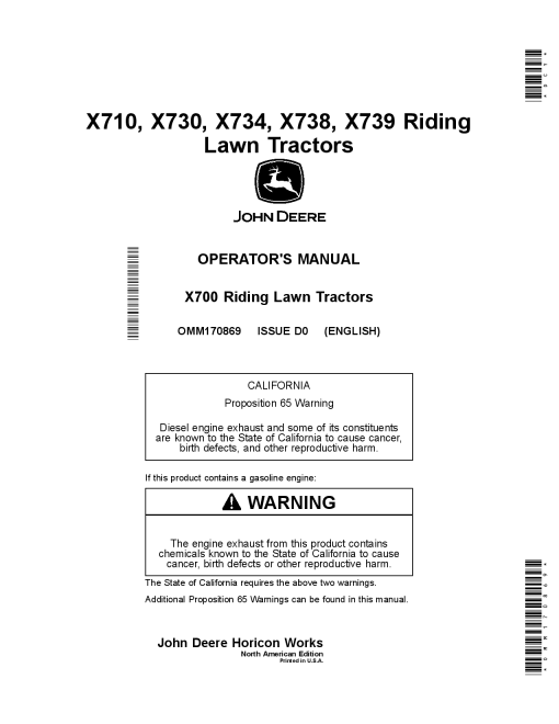 John Deere X710 X730 X734 X738 X739 Riding Lawn Tractors 020001 030000 OMM170869 Operation and Maintenance manual PDF Download