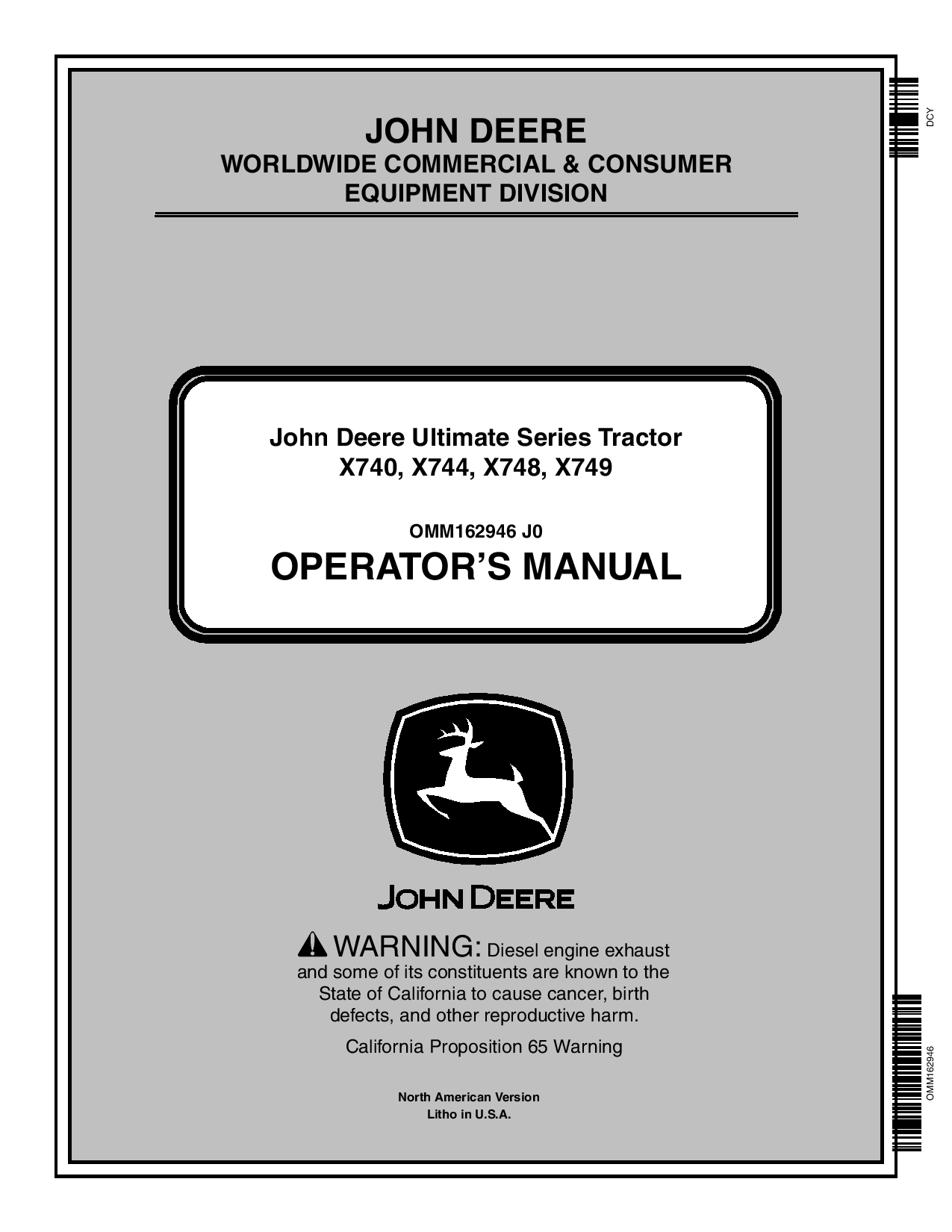 John Deere X740 X744 X748 X749 Select Series Tractor 060001 OMM162946 Operation and Maintenance manual PDF Download