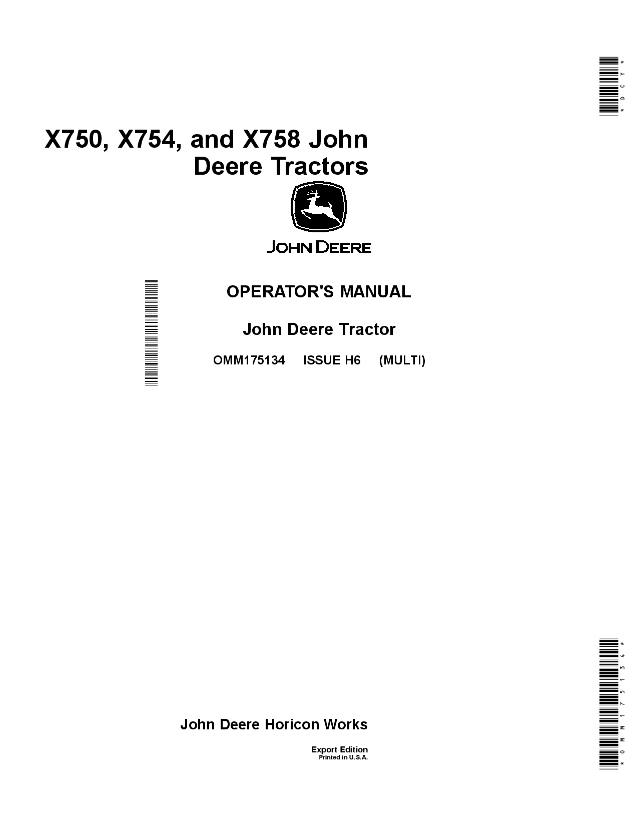 John Deere X750 X754 X758 John Deere Tractors Export Edition OMM175134 Operation and Maintenance manual PDF Download