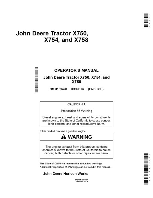 John Deere X750 X754 X758 Tractors Export Edition 010001 020000 OMM169420 Operation and Maintenance manual PDF Download