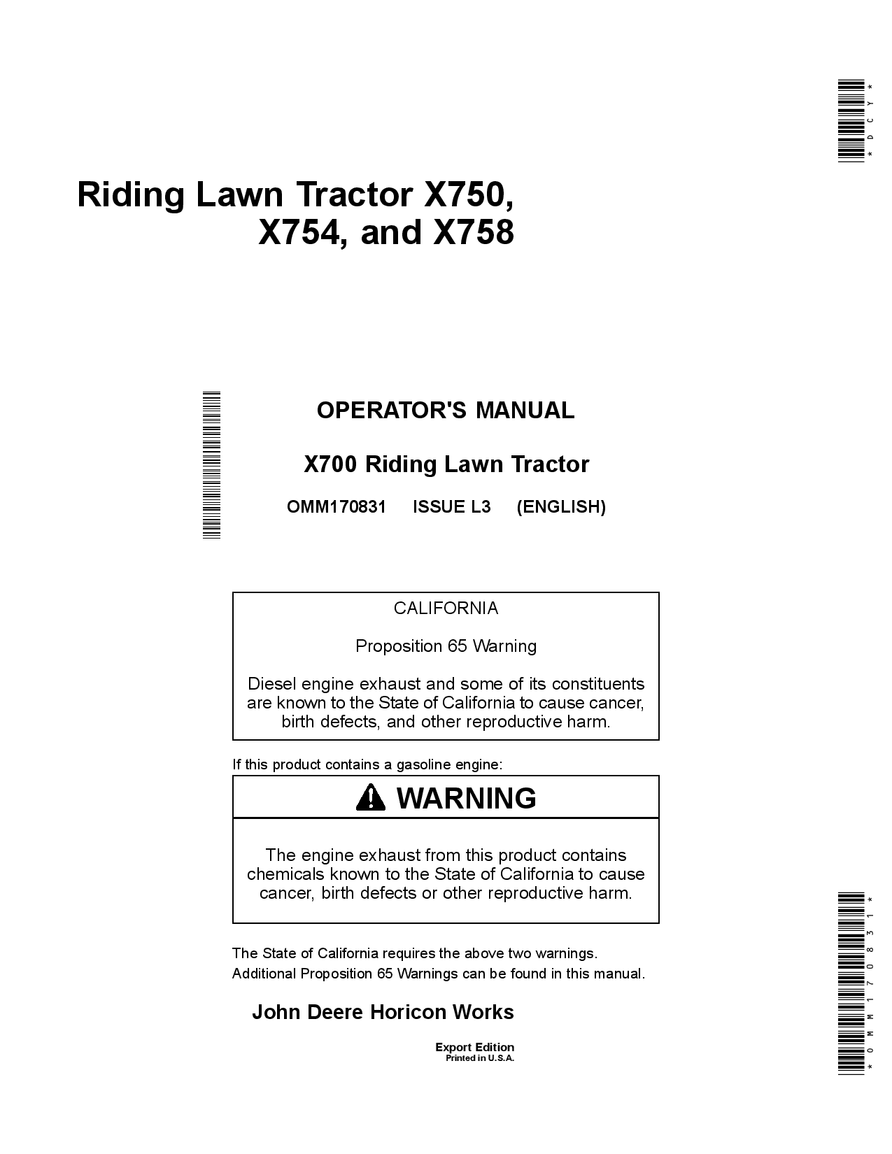 John Deere X750 X754 X758 Tractors Export Edition 020001 030000 OMM170831 Operation and Maintenance manual PDF Download