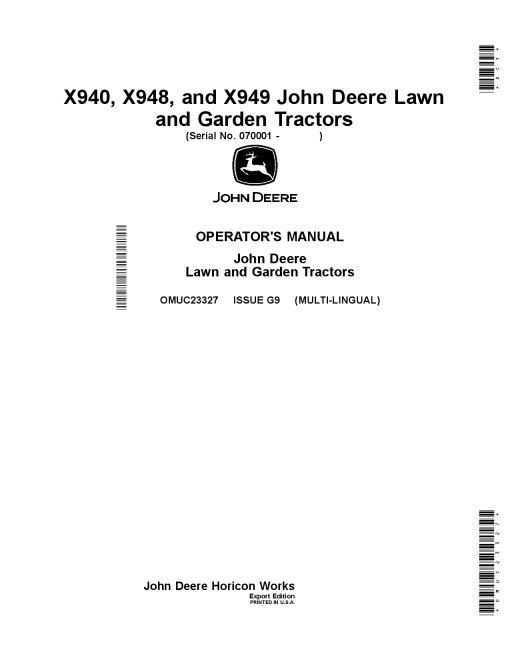 John Deere X940 X948 and X949 Lawn and Garden Tractors OMUC23327 Operation and Maintenance manual PDF Download