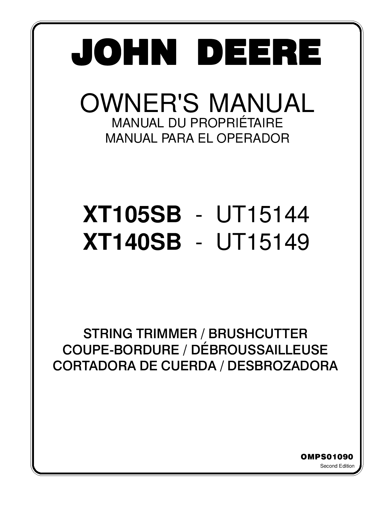 John Deere XT105SB UT15144 XT140SB UT15149 String Trimmer Brushcutter OMPS01090 Operation and Maintenance manual PDF Download
