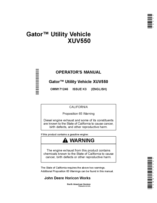 John Deere XUV 550 Gator Utility Vehicle North American Edition 030001 040000 OMM171246 Operation and Maintenance manual PDF Download
