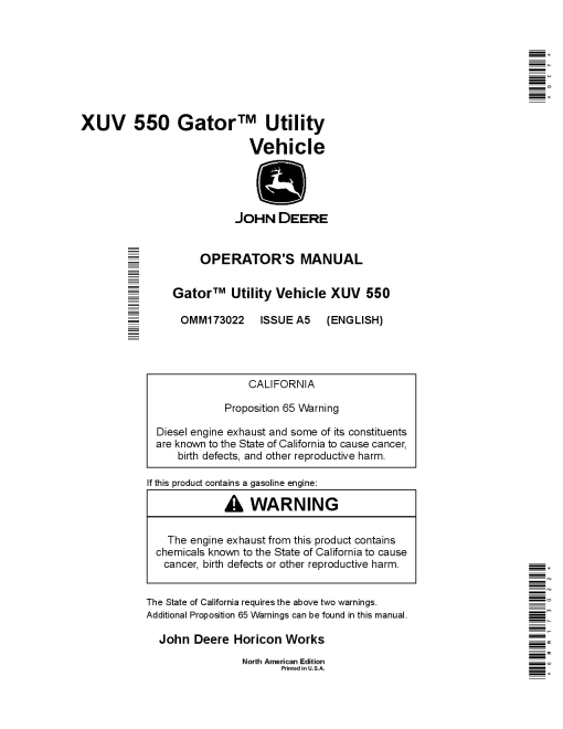 John Deere XUV 550 Gator Utility Vehicle North American Edition 040001 050000 OMM173022 Operation and Maintenance manual PDF Download