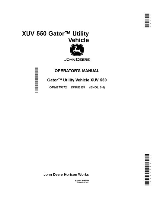 John Deere XUV 550 Gator Utility VehicleExport Edition 050001 OMM175172 Operation and Maintenance manual PDF Download