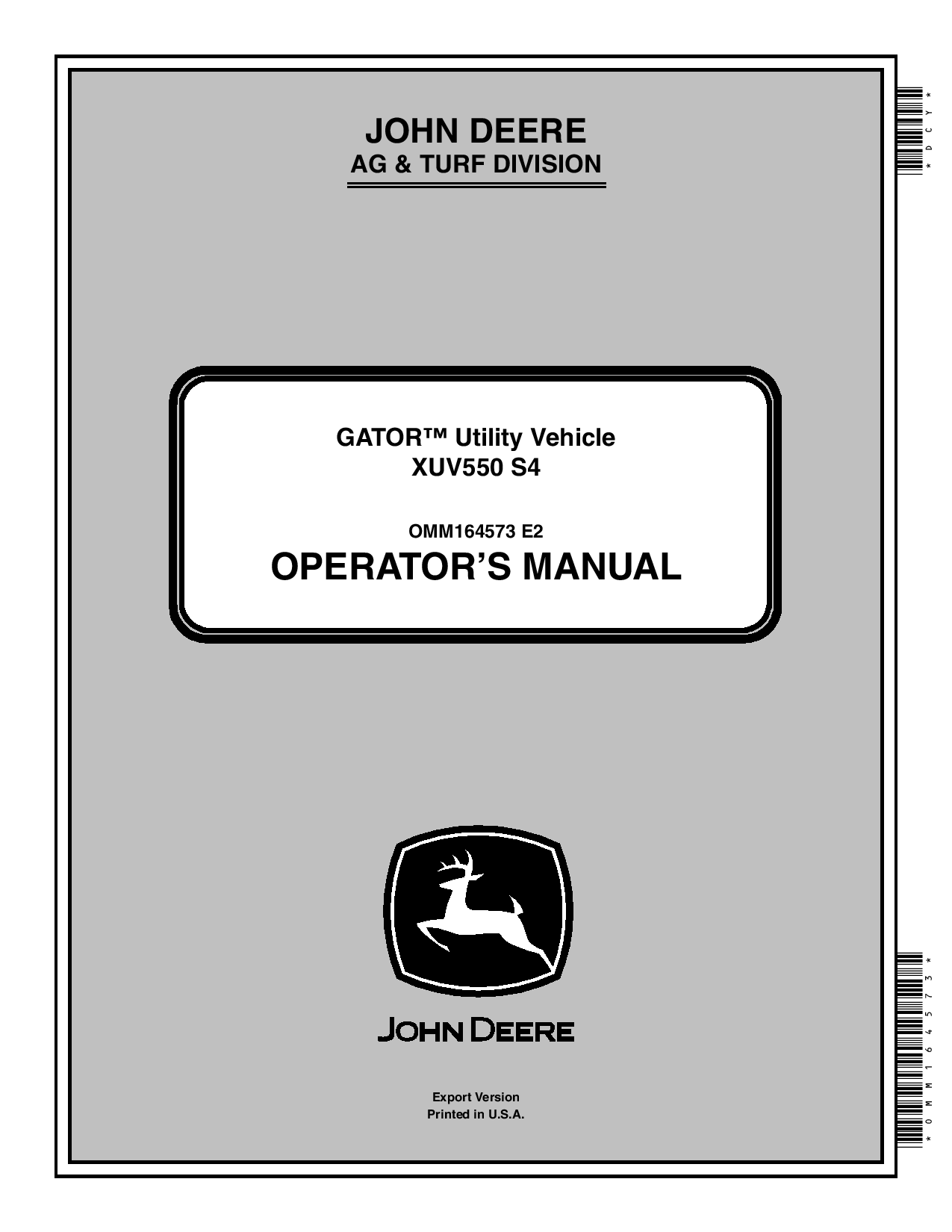 John Deere XUV S4 550 Gator Utility Vehicle Export Edition 010001 030000 OMM164573 Operation and Maintenance manual PDF Download