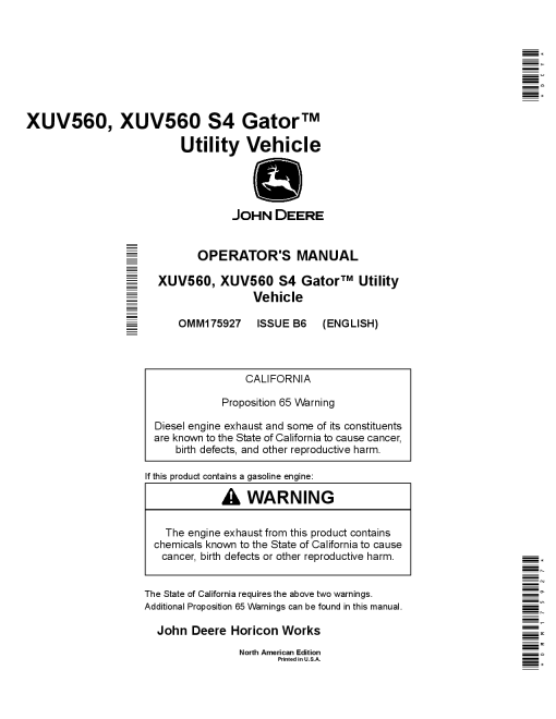 John Deere XUV560 XUV560 S46ator Utility VehicleNorth American Edition 010001 OMM175927 Operation and Maintenance manual PDF Download