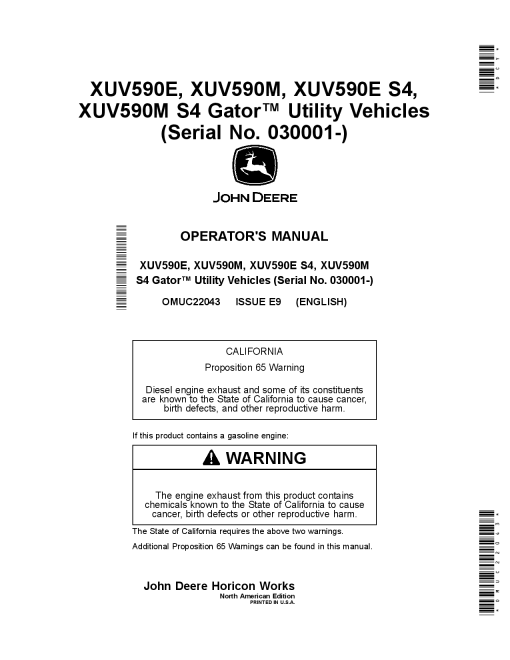 John Deere XUV590E XUV590M XUV590E S4 XUV590M S4 Gator Utility Vehicles OMUC22043 Operation and Maintenance manual PDF Download