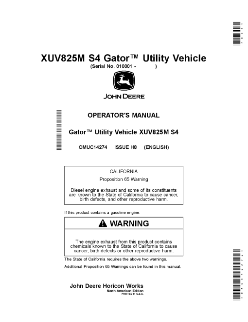 John Deere XUV825M S4 Gator Utility Vehicles OMUC14274 Operation and Maintenance manual PDF Download