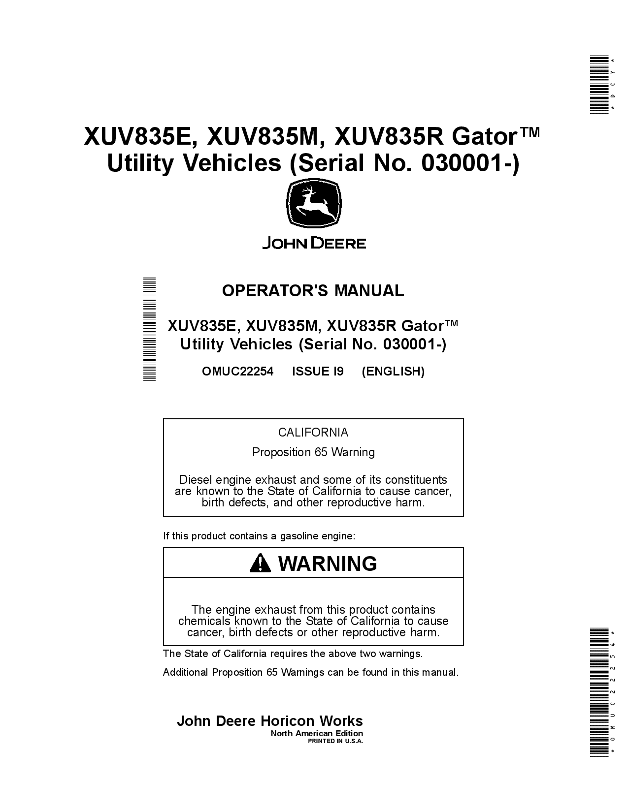 John Deere XUV835E XUV835M XUV835R Gator Utility Vehicles California Edition OMUC22254 Operation and Maintenance manual PDF Download