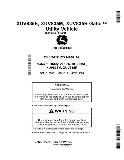 John Deere XUV835E XUV835M XUV835R GatorTM Utility Vehicle OMUC13636 Operation and Maintenance manual PDF Download