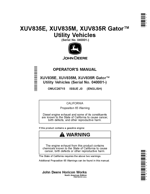 John Deere XUV835E XUV835M and XUV835R Gator Utility Vehicles 040001 California Edition OMUC26715 Operation and Maintenance manual PDF Download