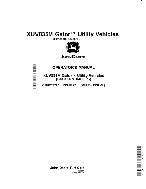 John Deere XUV835M Gator Utility Vehicles 040001 OMUC26717 Operation and Maintenance manual PDF Download