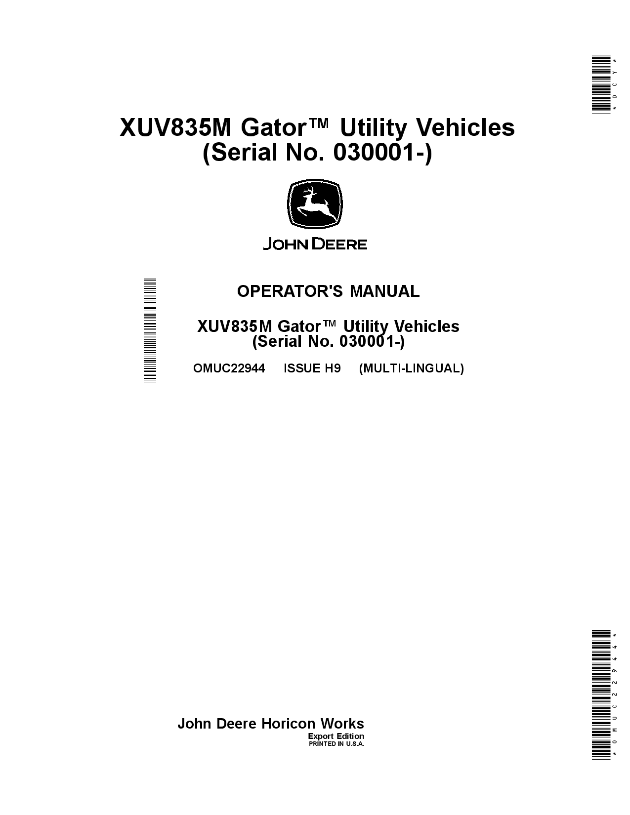 John Deere XUV835M Gator Utility Vehicles OMUC22944 Operation and Maintenance manual PDF Download