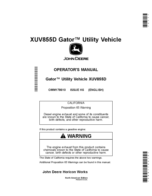 John Deere XUV855D Gator Utility Vehicles OMM178610 Operation and Maintenance manual PDF Download