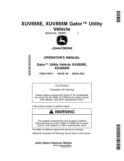 John Deere XUV855E XUV855M Gator Utility Vehicles OMUC19611 Operation and Maintenance manual PDF Download