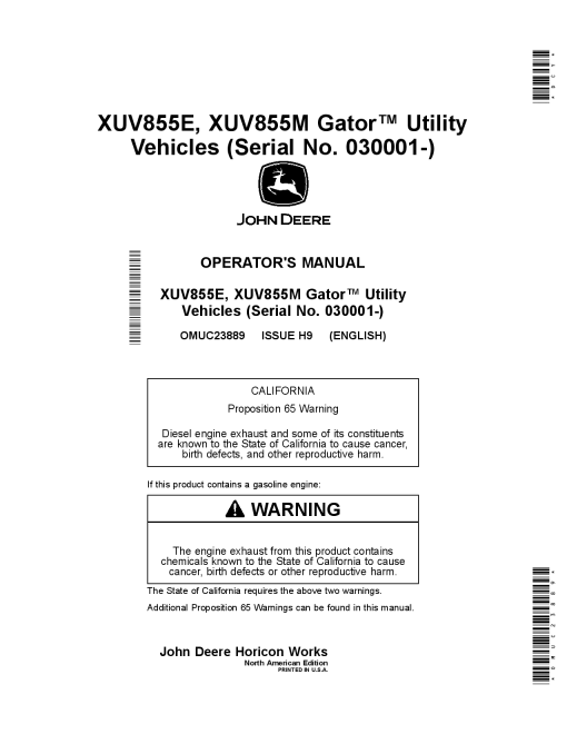 John Deere XUV855E and XUV855M Gator Utility Vehicles OMUC23889 Operation and Maintenance manual PDF Download