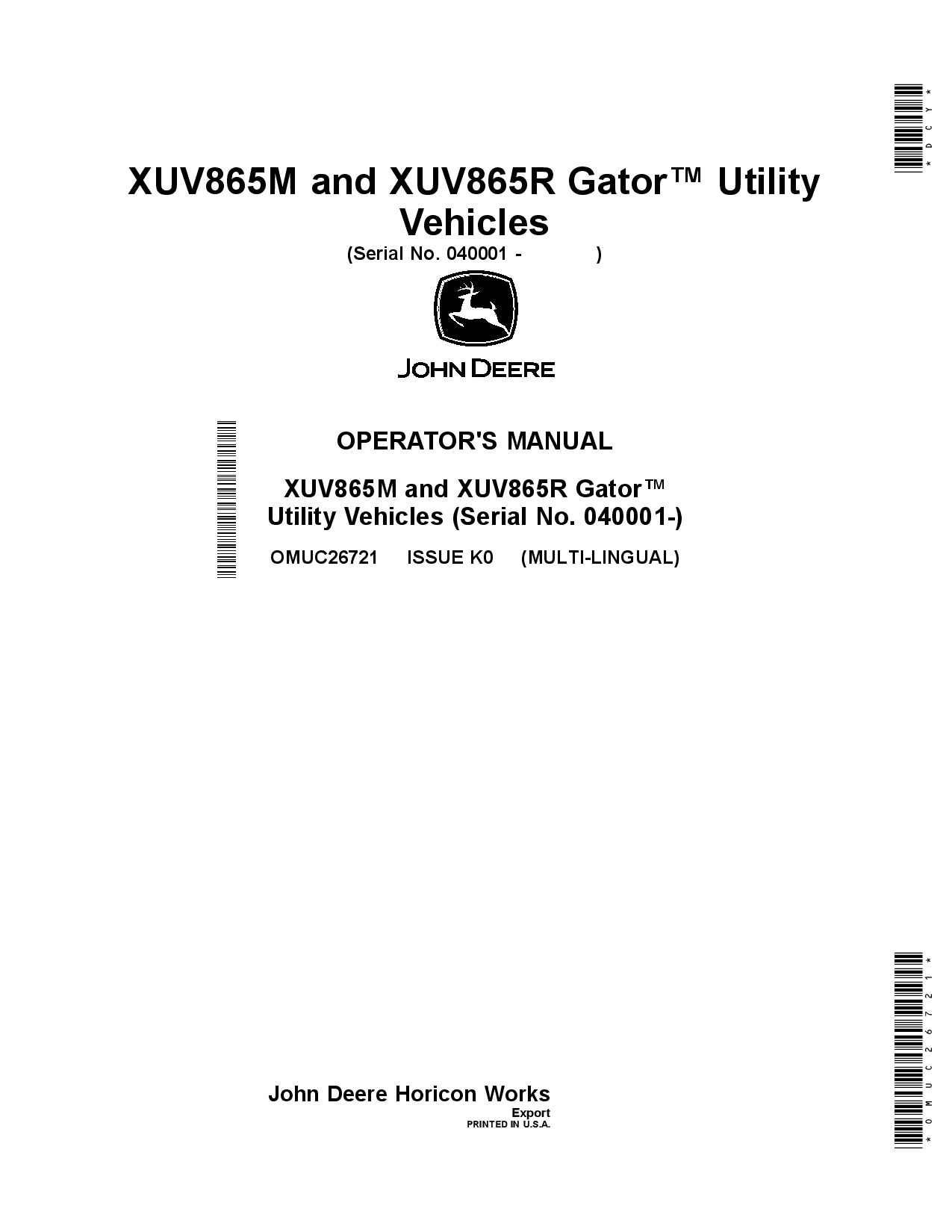John Deere XUV865M and XUV865R Gator Utility Vehicles 040001 OMUC26721 Operation and Maintenance manual PDF Download