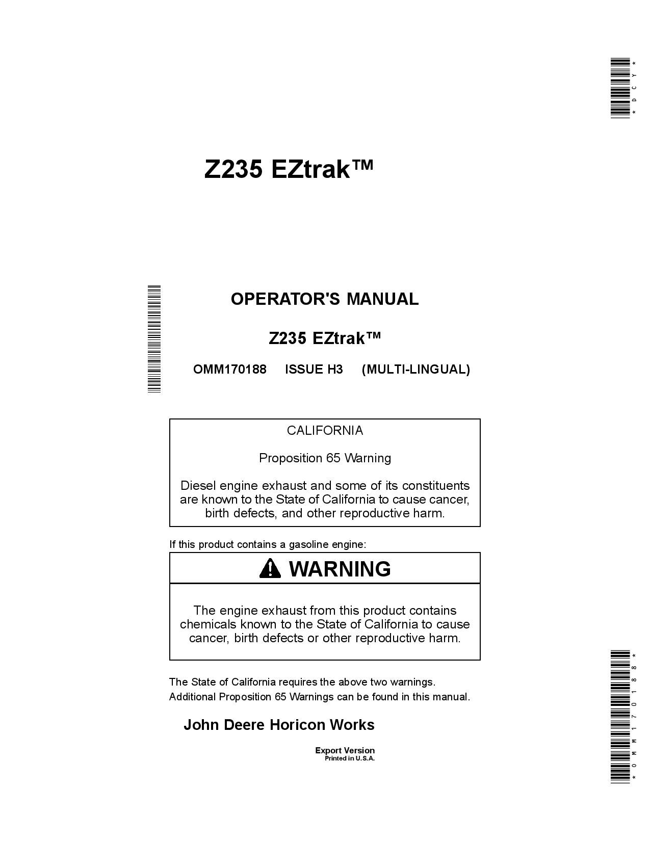 John Deere Z235 EZtrak Mower Export Edition 150001 170000 OMM170188 Operation and Maintenance manual PDF Download