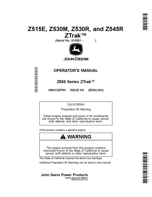 John Deere Z515E 2530M 2530R and ZS45R ZTrak Mowers 010001 OMUC28763 Operation and Maintenance manual PDF Download