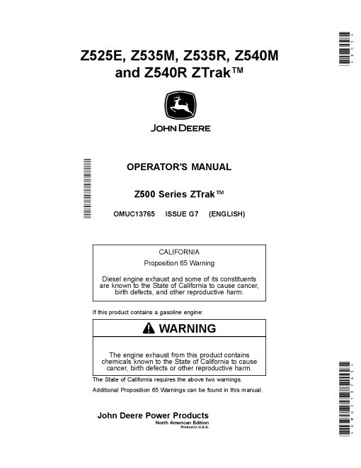 John Deere Z525E Z535M Z535R Z540M Z540R ZTrak Mowers OMUC13765 Operation and Maintenance manual PDF Download