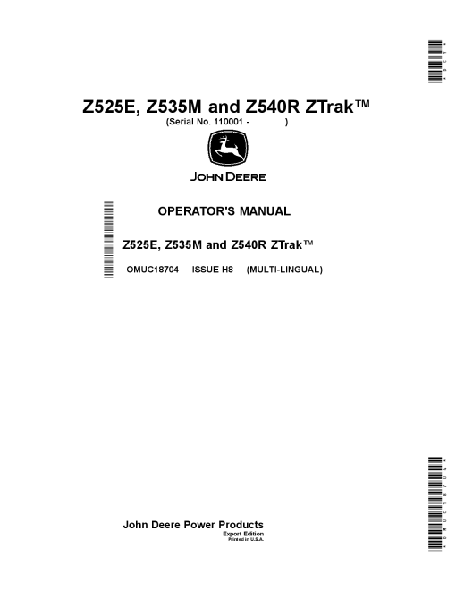 John Deere Z525E Z535M Z540R ZTrak Mowers OMUC18704 Operation and Maintenance manual PDF Download