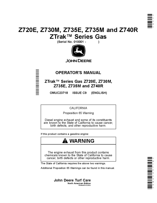 John Deere Z720E Z735E Z730M Z735M and Z740R ZTrak Gas Mowers OMUC23718 Operation and Maintenance manual PDF Download