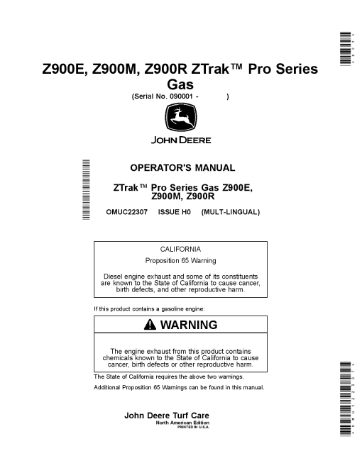 John Deere Z915E Z920M Z930M Z945M EFI Z955M EFI Z950M Z960M Z930R Z950R Z955R Z97OR ZTRAK Pro Series Gas 090001 OMUC22307 Operation and Maintenance manual PDF Download